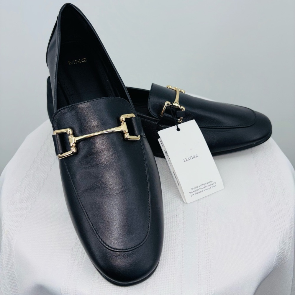 Mango Black Leather Loafers with Gold Bit Detail NWOT